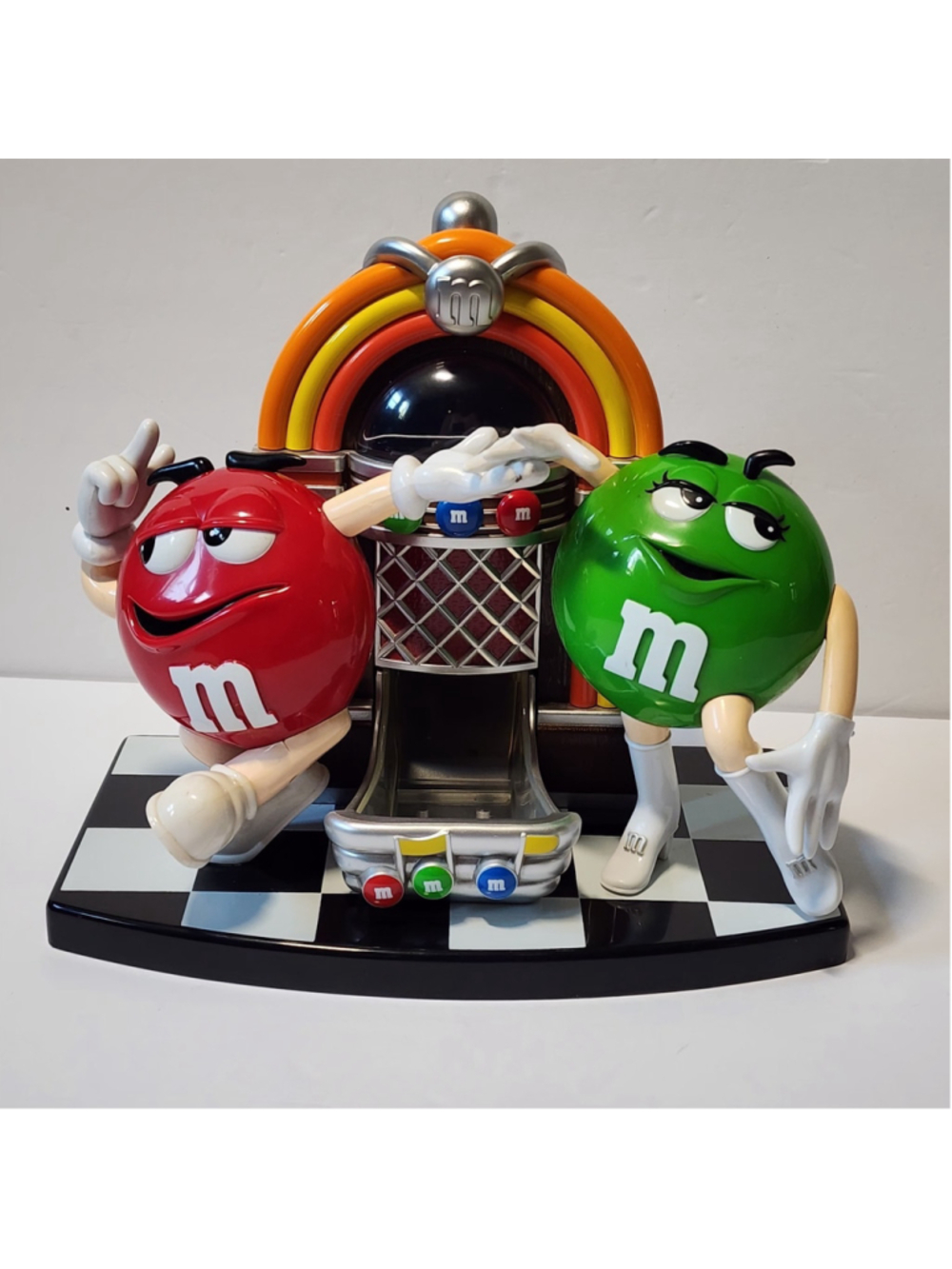 Vtg M&M's Jukebox Candy Dispenser Red & Green Characters Retro Diner Display